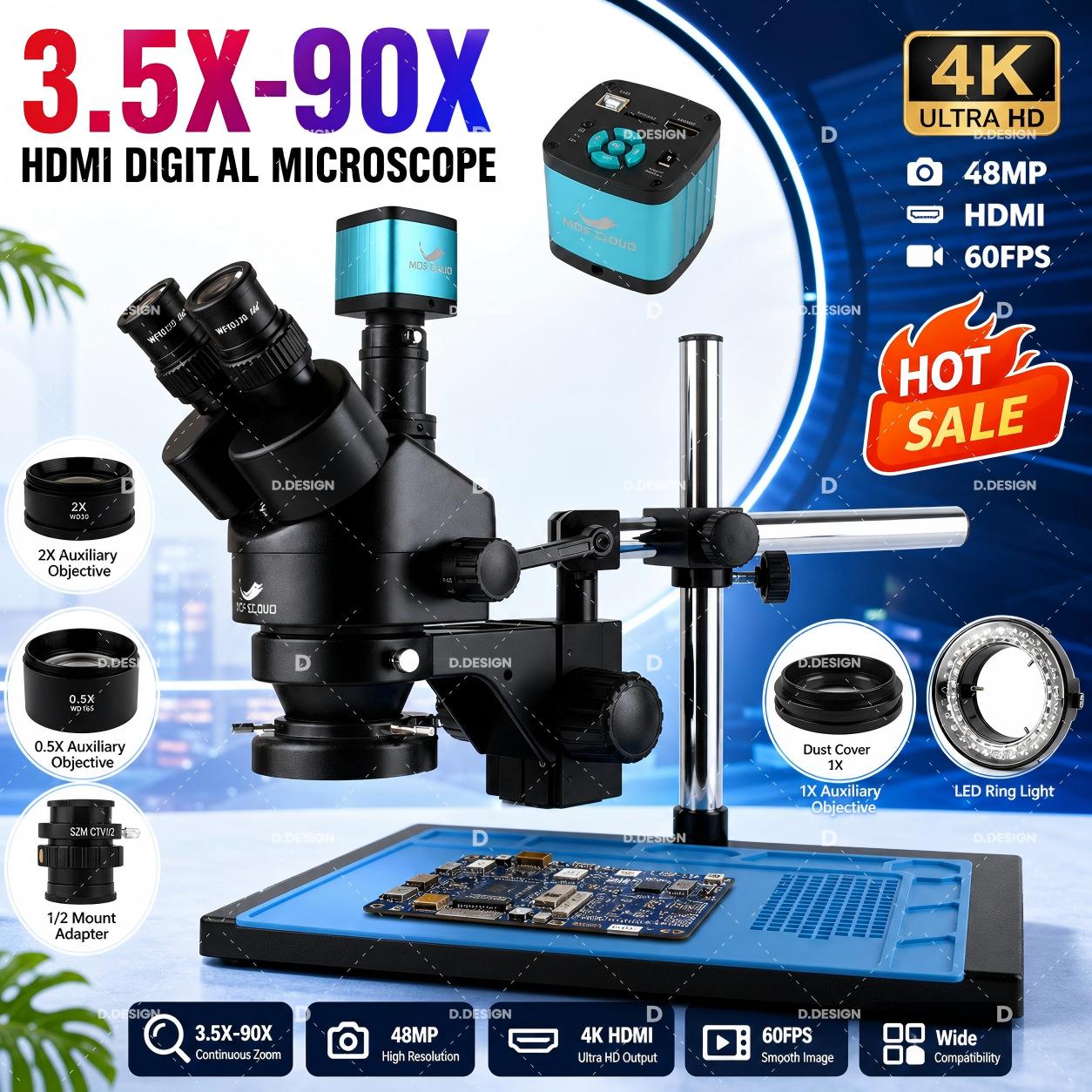 Simul-Focal Industrial Microscope 4K Hdmi - Microscopio Trinocular Estéreo Ajustable Simul Focal